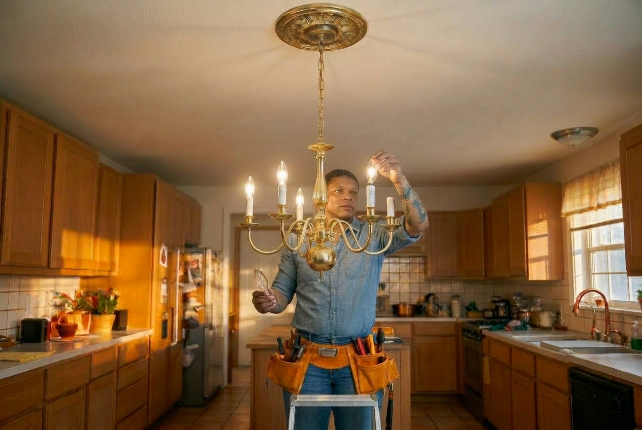 Friendly technician installing a light bulb